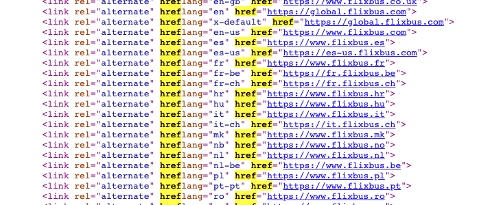 An image showing the hreflang set up for international websites targeting multiple territories