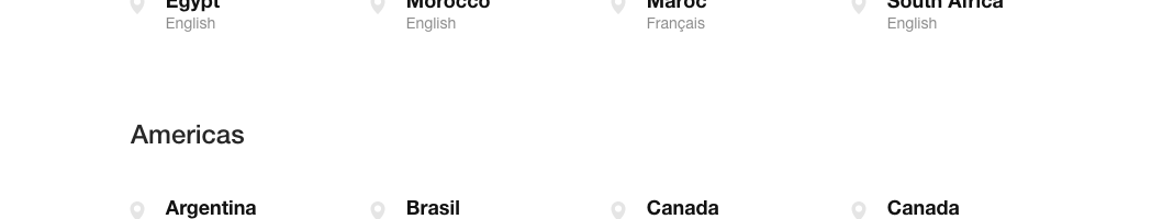 An image showing the multiple locations available on nike.com including Africa and the Americas