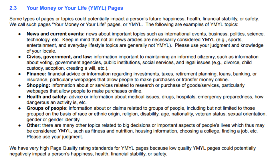your money or your life pages google guidance
