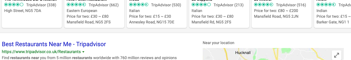 Bing results for “restaurants near me” with a wide-focus map