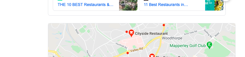 Google results for “restaurants near me” with a slightly more zoomed-in map